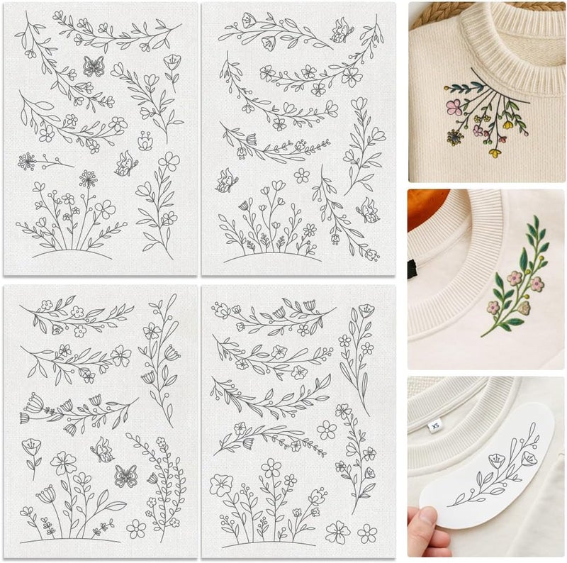 DOODLREAM 29Pcs Flower Vine Embroidery Pattern Stabilizer, 8.3"x11.7" Wildflowers Water Soluble Stick and Stitch Embroidery Sticker, 4 Sheets Floral Border Hand Sewing DIY Embroidery Paper - Image 1
